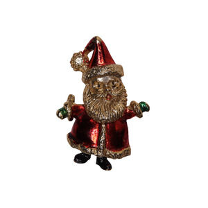 Santa Claus Colored Metal Brooch Pin With Rhinestone Hat Tassel - 1.75 Inches
